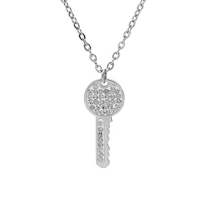 Collier en acier chaîne avec pendentif clef et oxydes blancs sertis 40+4cm