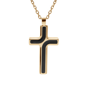 Collier en acier et PVD jaune chaîne maille forcat avec pendentif croix 35 x 25mm motifs noirs longueur 55+5cm