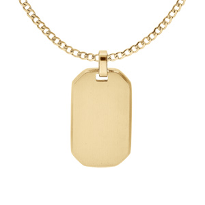 Collier en acier et PVD jaune chaîne maille gourmette avec pendentif rectangulaire tranches arrondies 30 x 15mm longueur 55+5cm