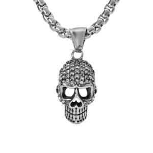 Collier en acier pendentif tête de mort oxydes blancs 50+5cm