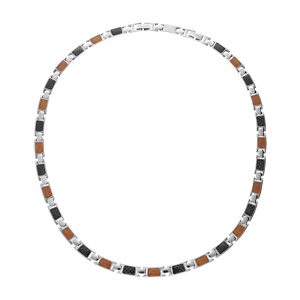 Collier en acier mailles carbone et aspect bois 49+4cm réglable double fermoir