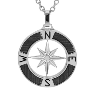 Collier en acier chaîne avec pendentif rose des vents aspect bois noir 50+5cm