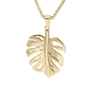 Collier en acier et PVD jaune chaîne avec pendentif feuille ajourée 42+4cm