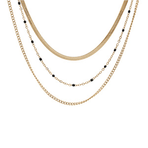 Collier en acier et PVD jaune 3 rangs simple, maille serpent et olives couleur noir 42+4cm