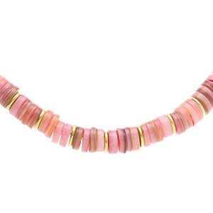 Collier en acier et PVD doré rondelles coquillage teinté rose 35+9cm