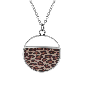 Collier en acier pendentif rond avec résine léopard 45+5cm