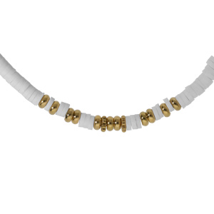 Collier en acier rondelles blanches et boules PVD doré 40+5cm