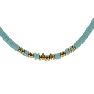 Collier en acier rondelles turquoise imitation et boules PVD doré 40+5cm