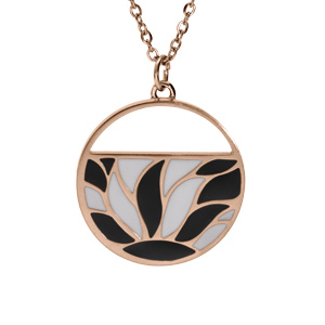 Collier Stella Mia en acier et PVD rose chaîne avec pendentif rond motifs blancs et noirs longueur 4