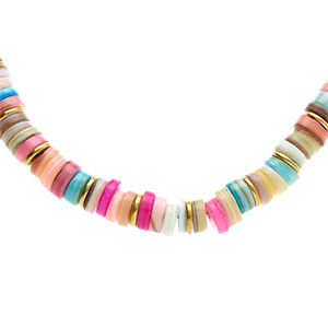 Collier en acier et PVD doré rondelles coquillage teinté multicolore 35+9cm