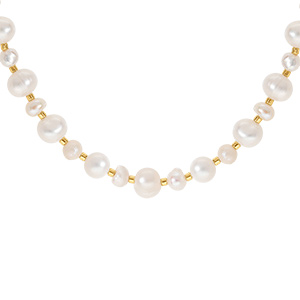 Collier en acier et PVD doré perles blanches véritables 40+5cm