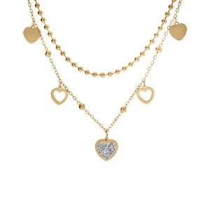 Collier en acier et PVD doré 2 rangs chaîne boules et pampilles coeurs lisse et strass 40+5cm