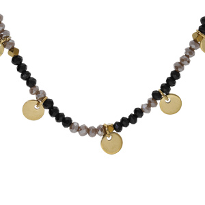 Collier en acier et PVD doré verre et labradorite noire véritable avec pampilles pastilles 38+7cm
