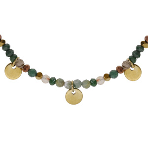 Collier en acier et PVD doré verre et agate verte véritable avec pampilles pastilles 38+7cm