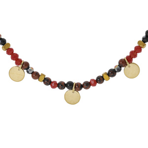 Collier en acier et PVD doré verre et pierre rouge véritable avec pampilles pastilles 38+7cm