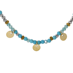 Collier en acier et PVD doré verre et pierre turquoise imitation avec pampilles pastilles 38+7cm