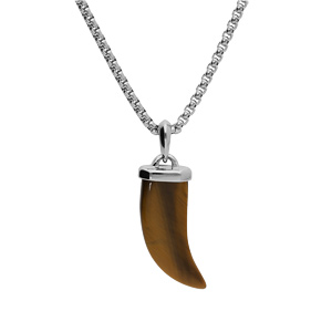 Collier en acier chaîne avec pendentif corne Oeil de tigre véritable 55+5cm