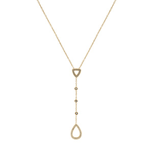 Collier en acier et PVD doré forme Y strass blancs sertis clos et goutte 39.5+4cm