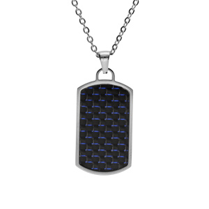 Collier en acier pendentif rectangle pans arrondi carbone reflet bleu 50+5cm