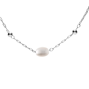 Collier en acier perles blanches ovales imitation 44+5cm