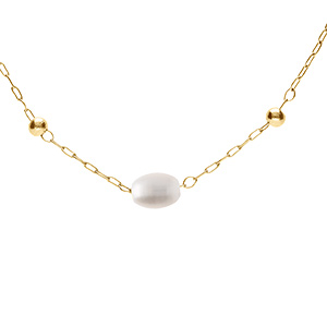 Collier en acier PVD doré perles blanches ovales imitation 44+5cm