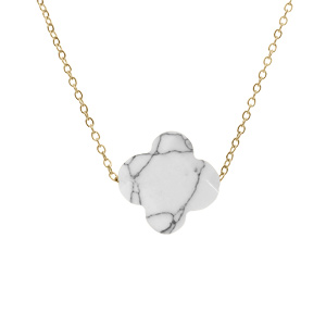 Collier en acier PVD doré motif pierre imitation faceté blanc marbre 40+5cm