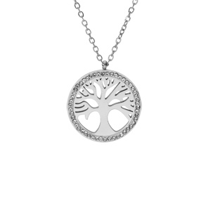 Collier en acier pendentif arbre de vie résine et strass 39+5cm