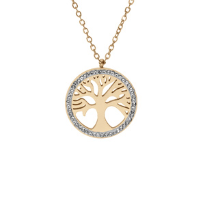 Collier en acier PVD doré pendentif arbre de vie résine et strass 39+4cm