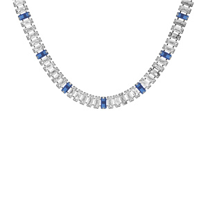Collier en acier avec oxydes blancs et bleus foncé sertis double fermoir 44cm réglable 40cm
