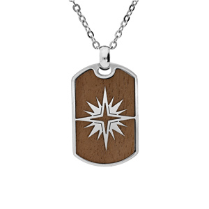 Collier en acier chaîne avec pendentif rectangulaire bois motif soleil 50+5cm