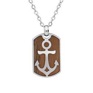 Collier en acier chaîne avec pendentif rectangulaire bois motif ancre 50+5cm