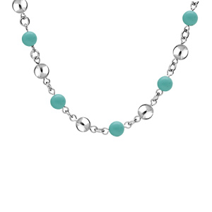 Collier en acier perles de Jade bleu véritable et boules lisses 40+5cm