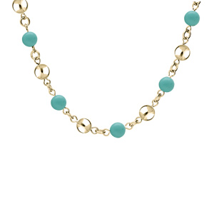 Collier en acier et PVD jaune perles de Jade bleu véritable et boules lisses 40+5cm