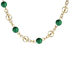 Collier en acier et PVD jaune marseillais boules Agate verte véritable 40+5cm