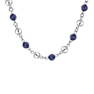 Collier en acier perles Œil de tigre bleu véritable et boules lisses 40+5cm