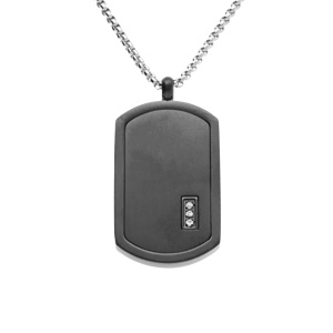 Collier acier pendentif rectangulaire PVD noir 30 x 17mm pans arrondi avec 3 oxydes blancs réglable 50 à 55cm