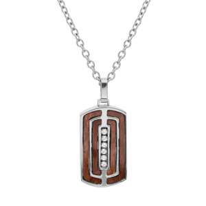 Collier en acier chaîne avec pendentif rectangulaire aspect bois marron oxydes blancs sertis 50+5cm