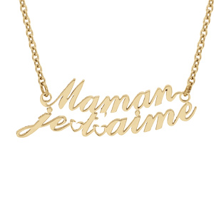 Collier en acier et PVD jaune avec découpe message maman je t'aime 41+3cm