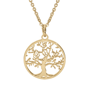 Collier en acier et PVD doré pendentif rond arbre de vie decoupé 20mm 40+5cm