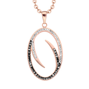 Collier en acier et PVD rose Pendentif ovale avec oxydes noirs et blancs 40+5cm