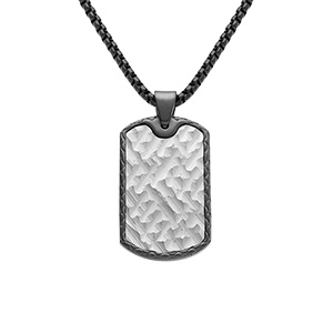 Collier acier et PVD noir avec pendentif rectangulaire 35X20mm motif, réglable 55cm à 60cm
