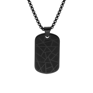 Collier acier et PVD noir avec pendentif rectangulaire pans arrondi 35X20mm motif traits, réglable 55cm à 60cm