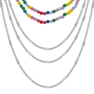 Collier en acier plusieurs chaînes avec pierres multi-couleurs 40+5cm