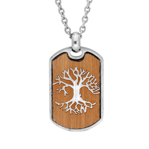 Collier en acier avec Pendentif plaque en bois motif arbre de vie 45+5cm
