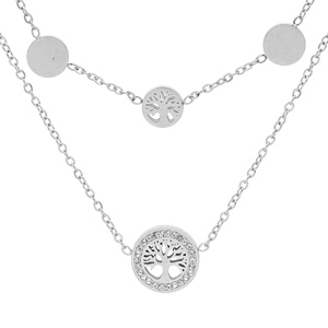 Collier en acier 2 rangs avec pastilles avec arbre de vie 40+5cm