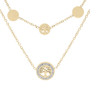 Collier en acier et PVD jaune 2 rangs pastilles avec arbre de vie 40+5cm