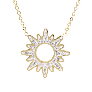 Collier en acier et PVD jaune chaîne avec pendentif soleil blanc et strass 40+5cm
