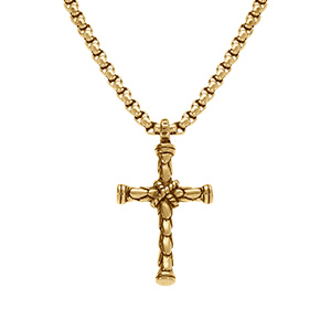 Collier en acier et PVD jaune chaîne maille jaseron avec pendentif croix longueur 55+10cm