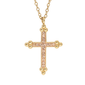Collier en acier et PVD jaune avec Pendentif Croix champagne et pierres champagne 45+5cm