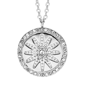 Collier en acier chaîne avec pendentif rond motif étoile et contour oxydes blancs sertis 45+5cm